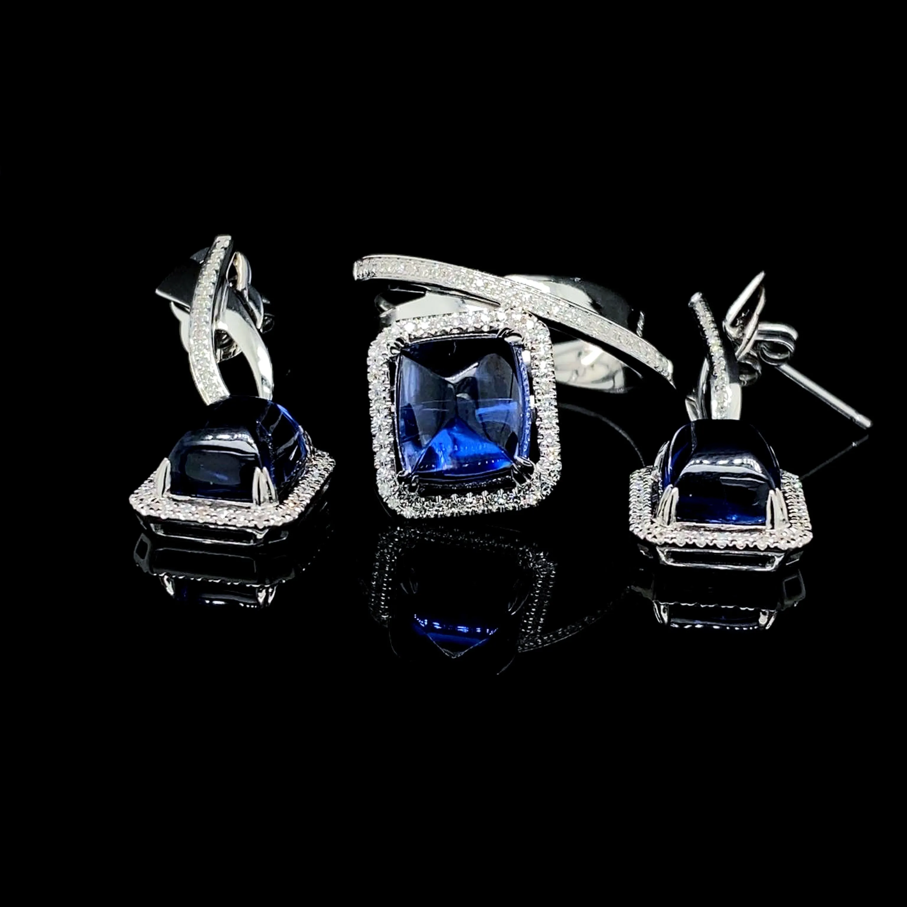 Blue Sapphire Dangling Gemstones Diamond Jewelry Set 14kt