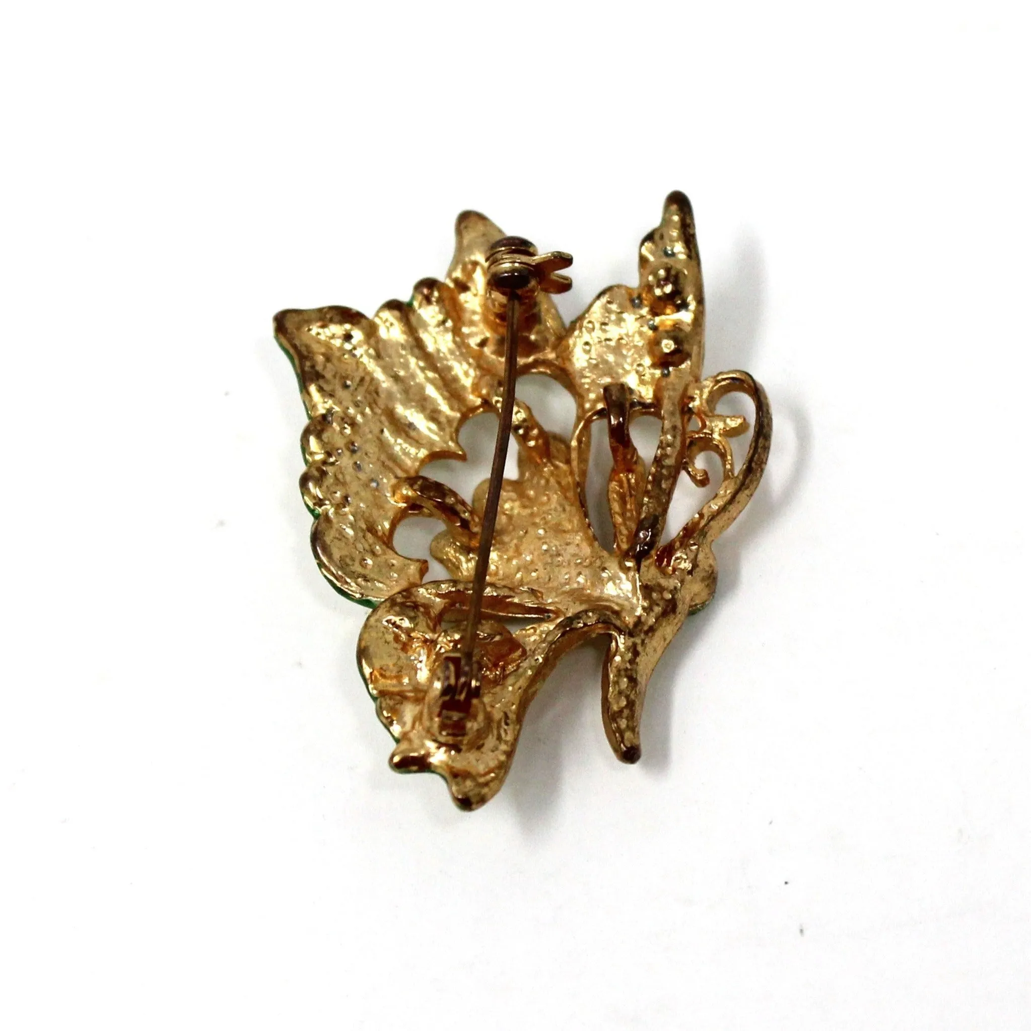 Brooch / Pin, Figural Butterfly, Green Enamel and Rhinestones, Gold Tone