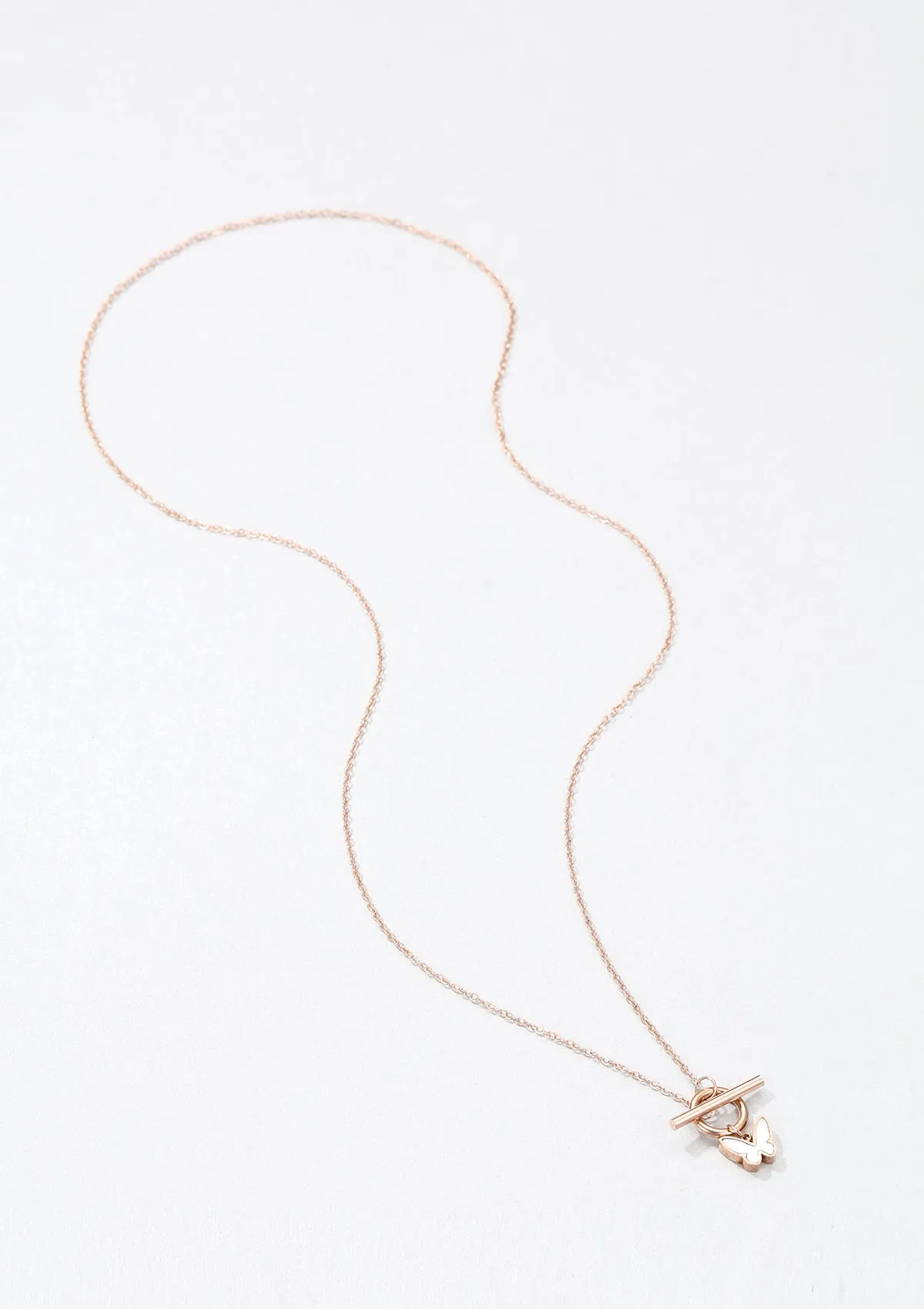 Butterfly Pendant T-Bar Necklace Rose Gold