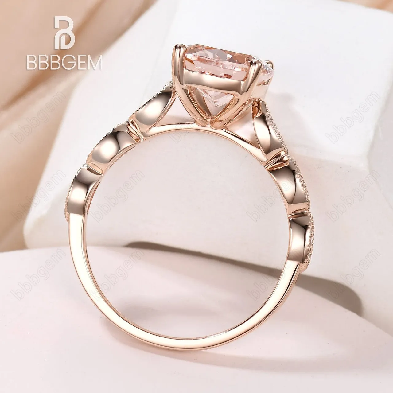 Classic 3 Carat Oval Peach Morganite Solitaire Engagement Ring Marquise Diamond Half Eternity Band in 14K Rose Gold