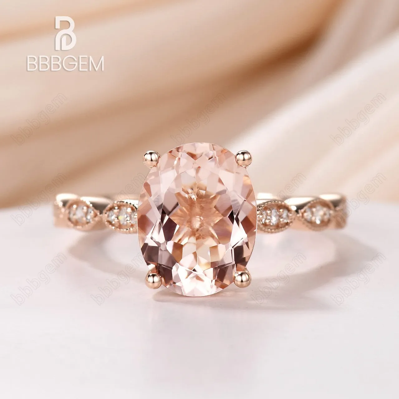 Classic 3 Carat Oval Peach Morganite Solitaire Engagement Ring Marquise Diamond Half Eternity Band in 14K Rose Gold