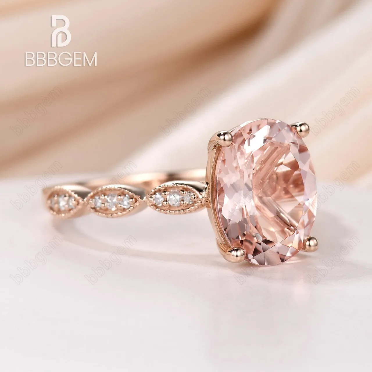 Classic 3 Carat Oval Peach Morganite Solitaire Engagement Ring Marquise Diamond Half Eternity Band in 14K Rose Gold