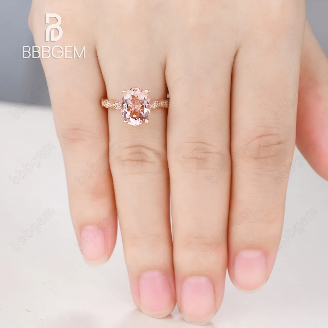 Classic 3 Carat Oval Peach Morganite Solitaire Engagement Ring Marquise Diamond Half Eternity Band in 14K Rose Gold