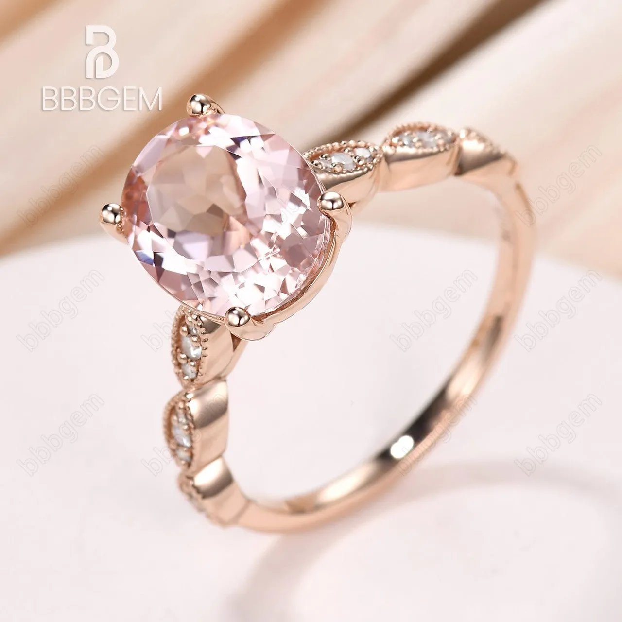 Classic 3 Carat Oval Peach Morganite Solitaire Engagement Ring Marquise Diamond Half Eternity Band in 14K Rose Gold