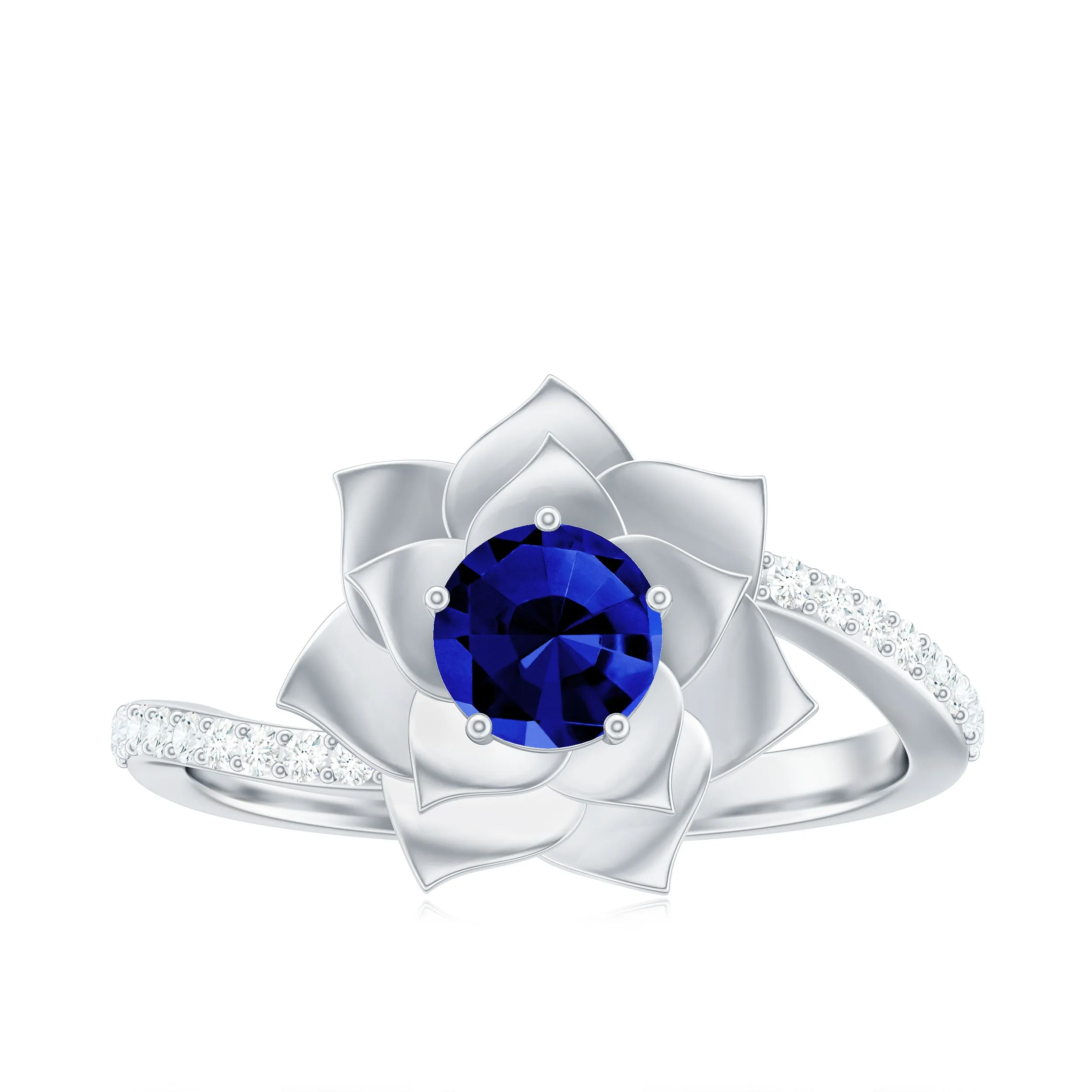 Created Blue Sapphire and Diamond Flower Engagement Ring with Bypass Shank