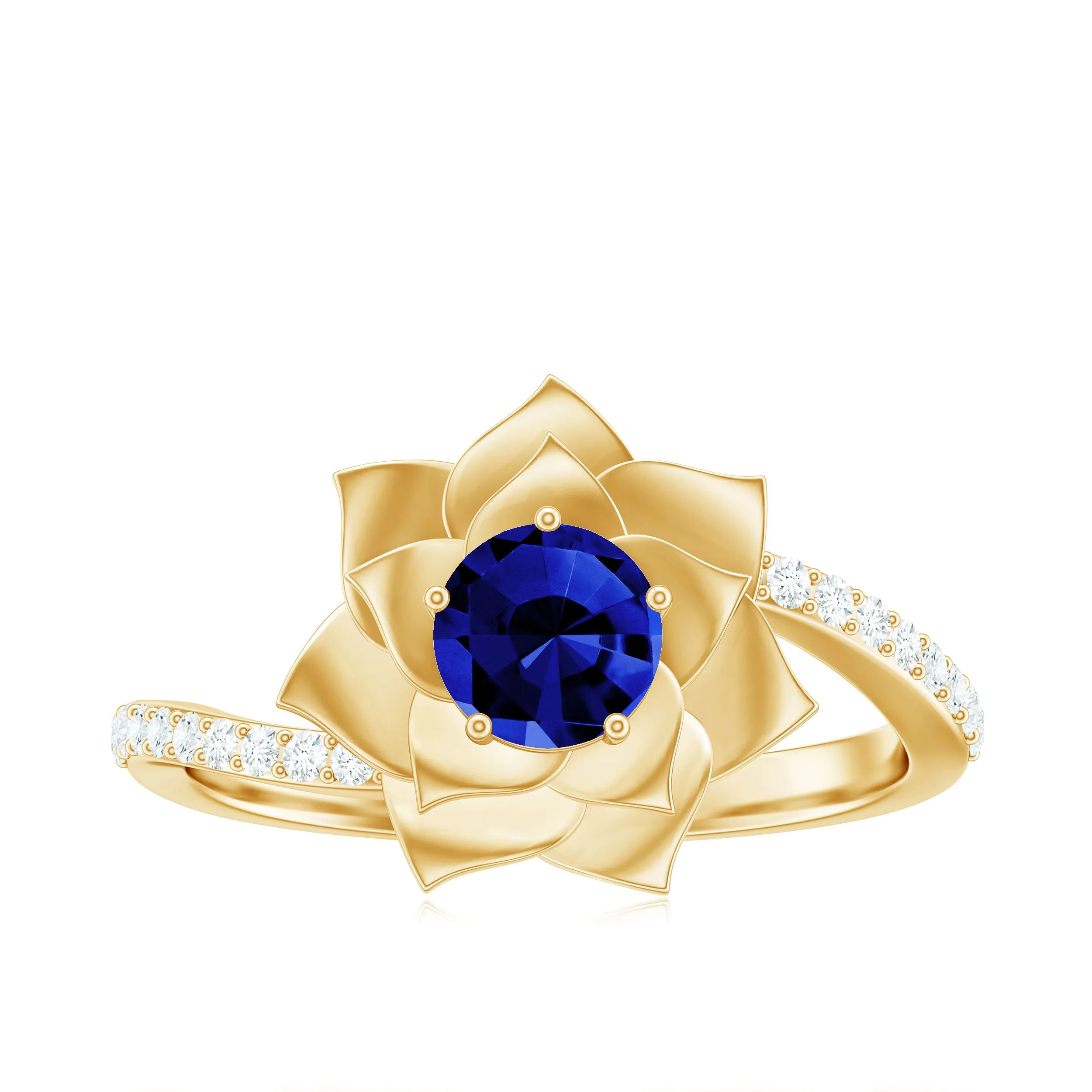 Created Blue Sapphire and Diamond Flower Engagement Ring with Bypass Shank