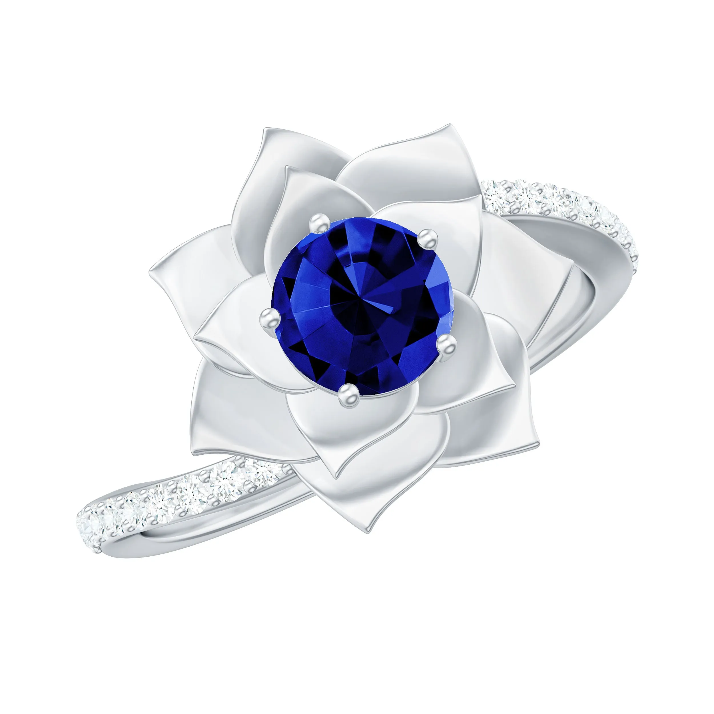 Created Blue Sapphire and Diamond Flower Engagement Ring with Bypass Shank