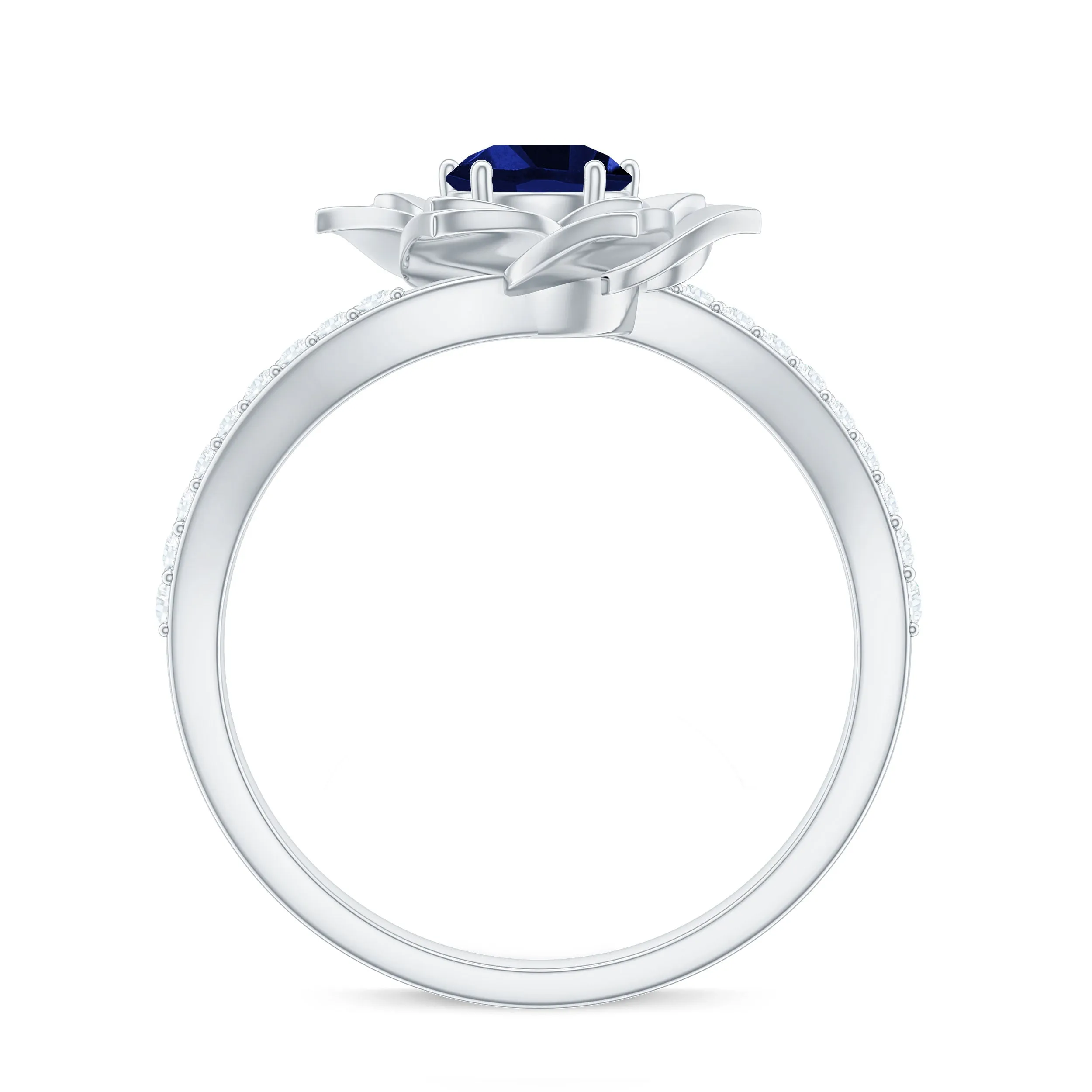 Created Blue Sapphire and Diamond Flower Engagement Ring with Bypass Shank