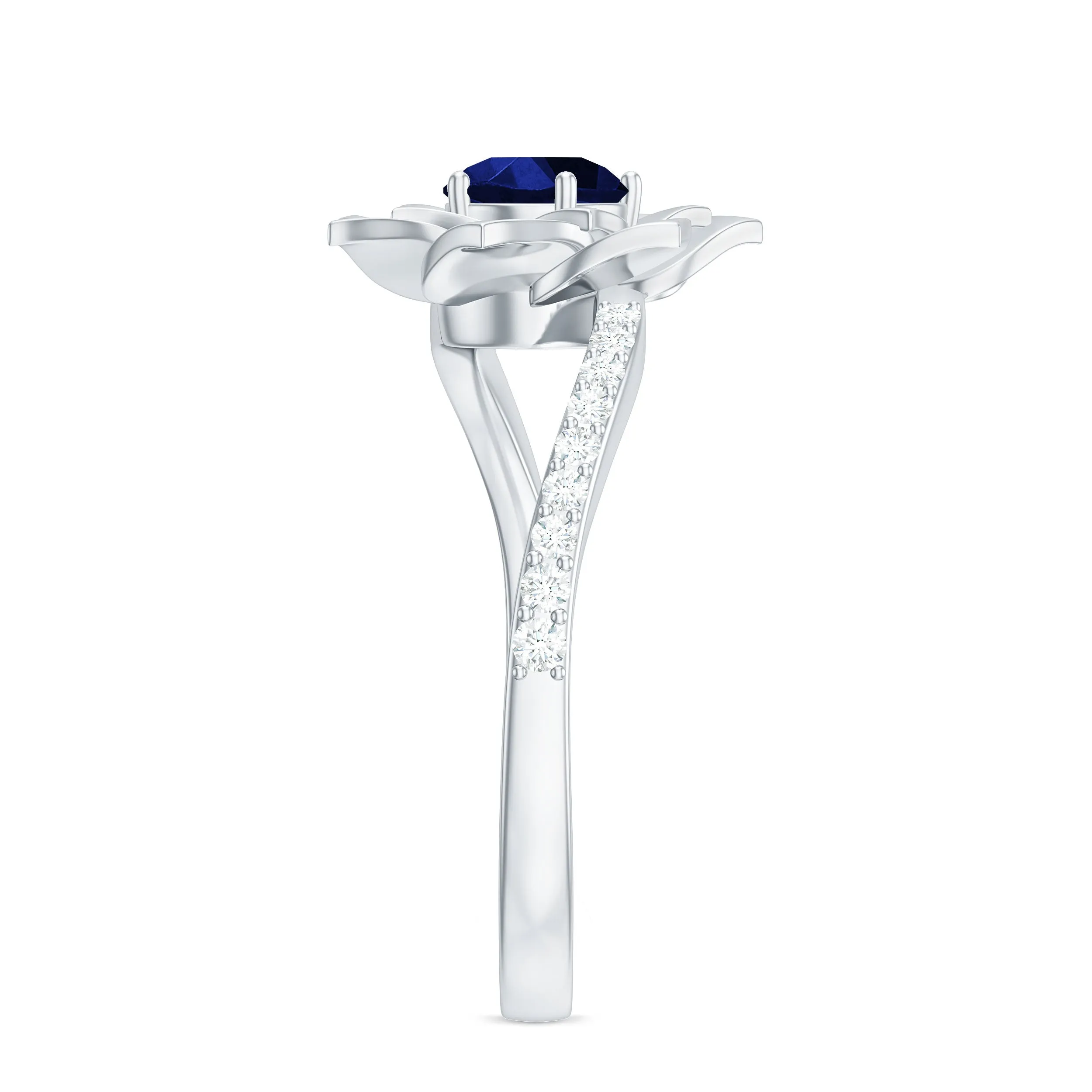 Created Blue Sapphire and Diamond Flower Engagement Ring with Bypass Shank