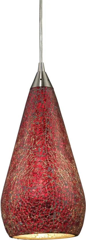 Curvalo 1 Light Pendant In Satin Nickel and Ruby Crackle Glass