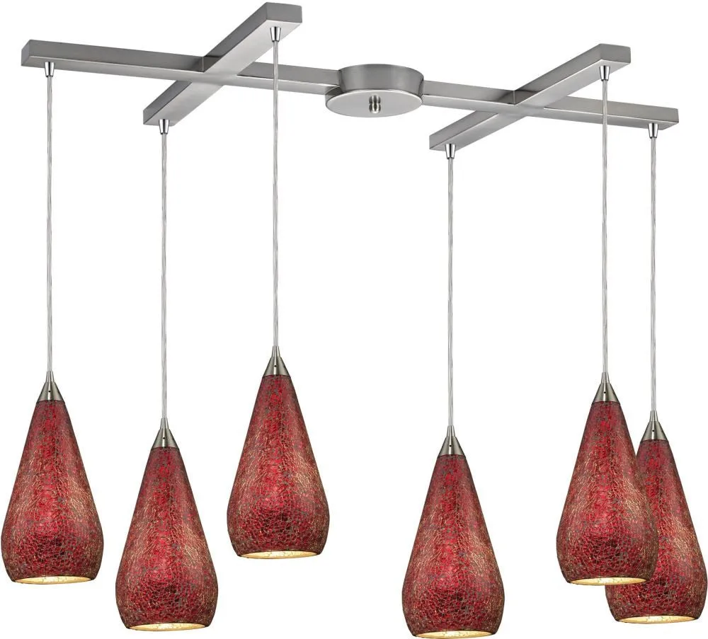 Curvalo 6 Light Pendant In Satin Nickel and Ruby Crackle Glass