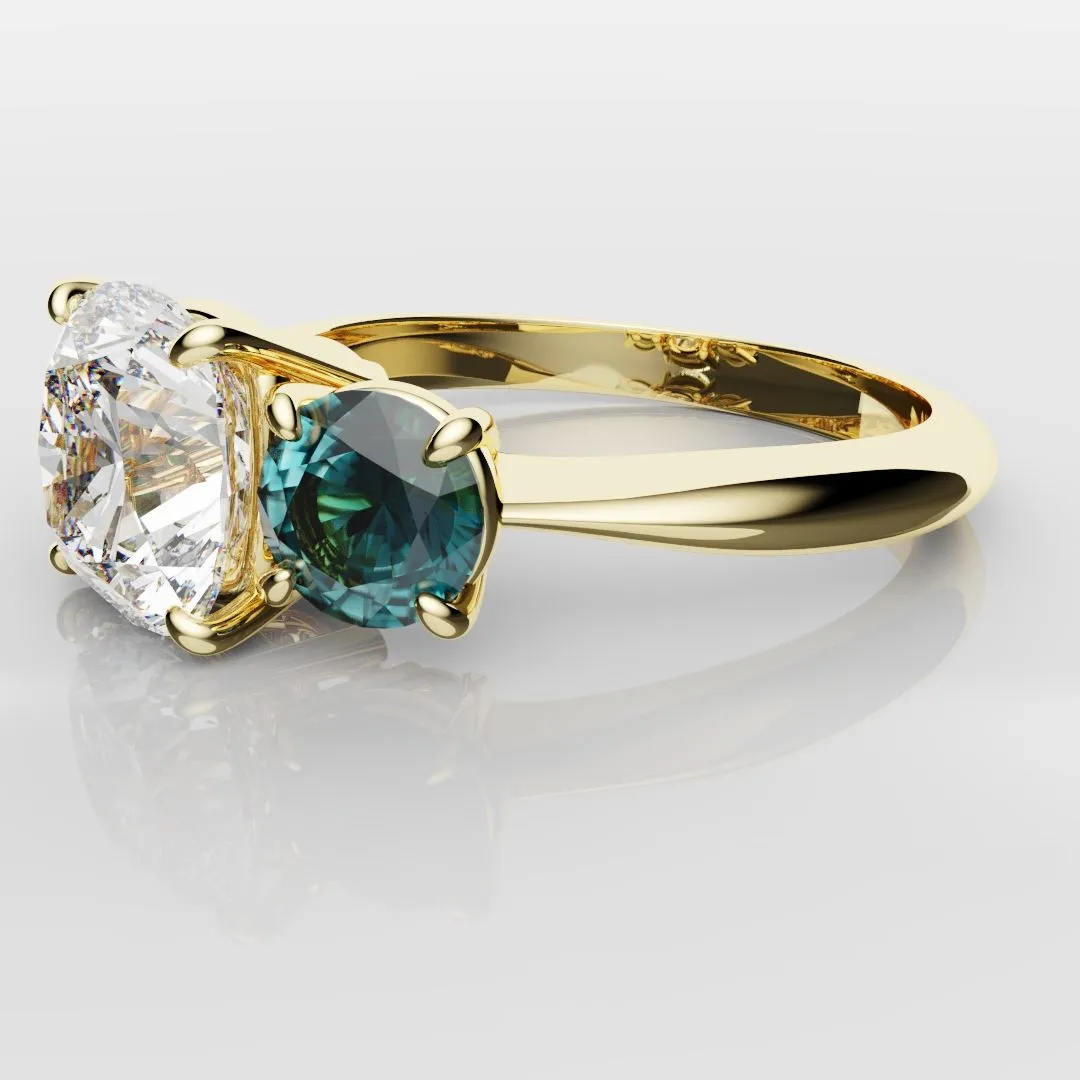 Cushion Cut Diamond Trilogy with Teal Sapphires