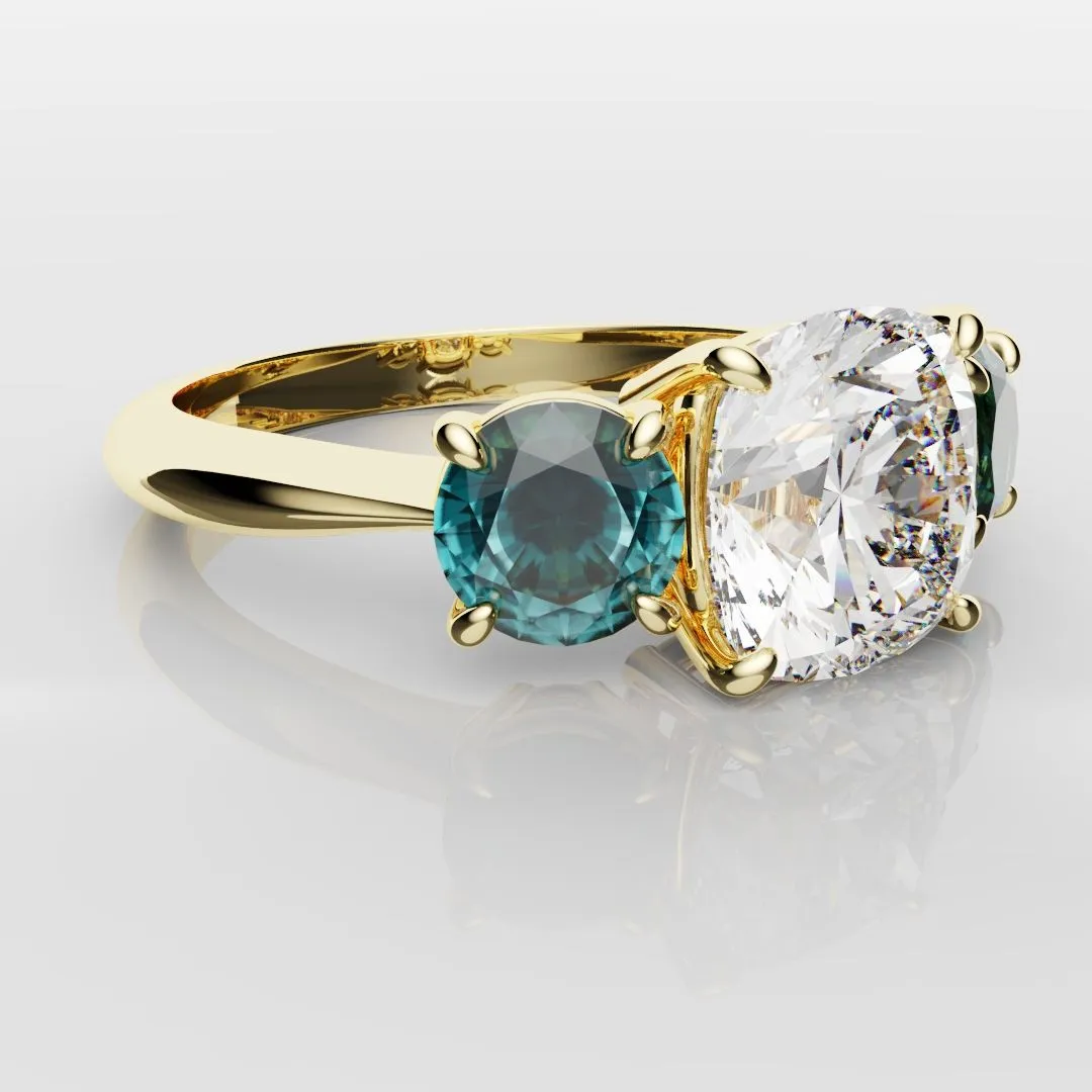 Cushion Cut Diamond Trilogy with Teal Sapphires