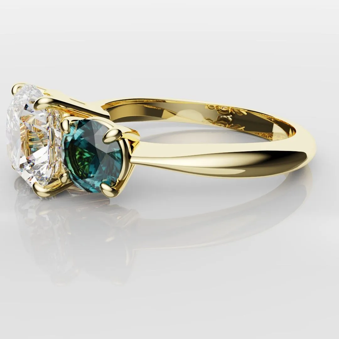 Cushion Cut Diamond Trilogy with Teal Sapphires