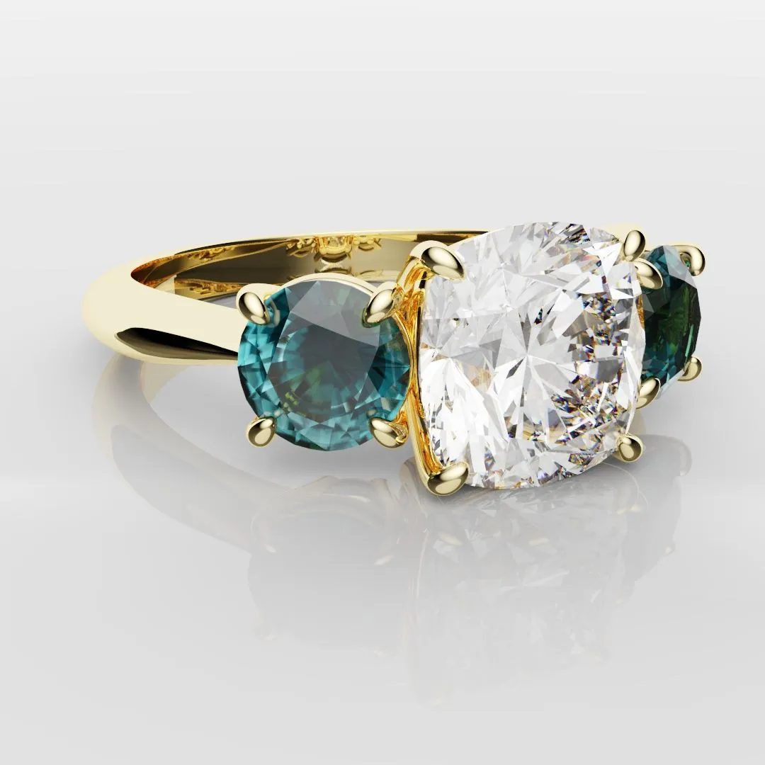 Cushion Cut Diamond Trilogy with Teal Sapphires