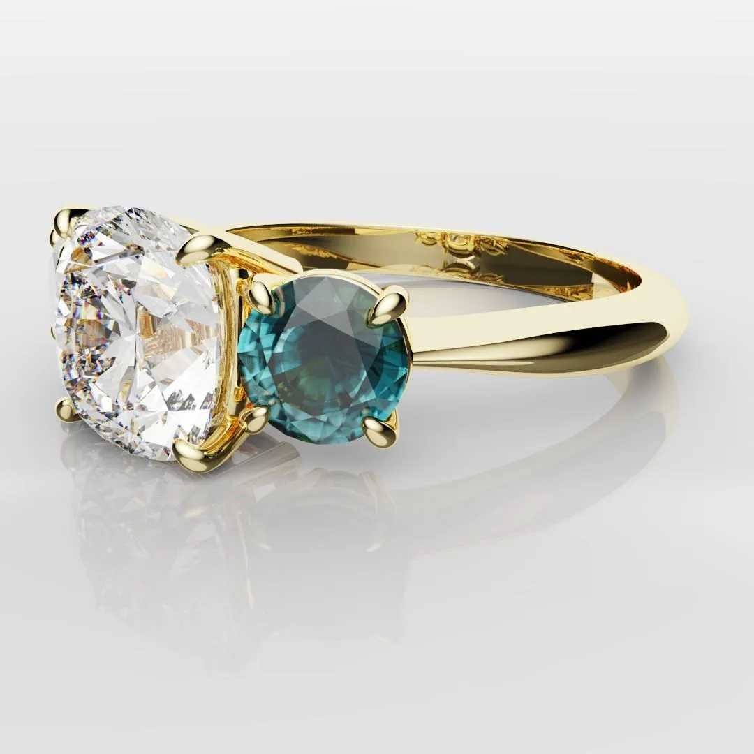 Cushion Cut Diamond Trilogy with Teal Sapphires