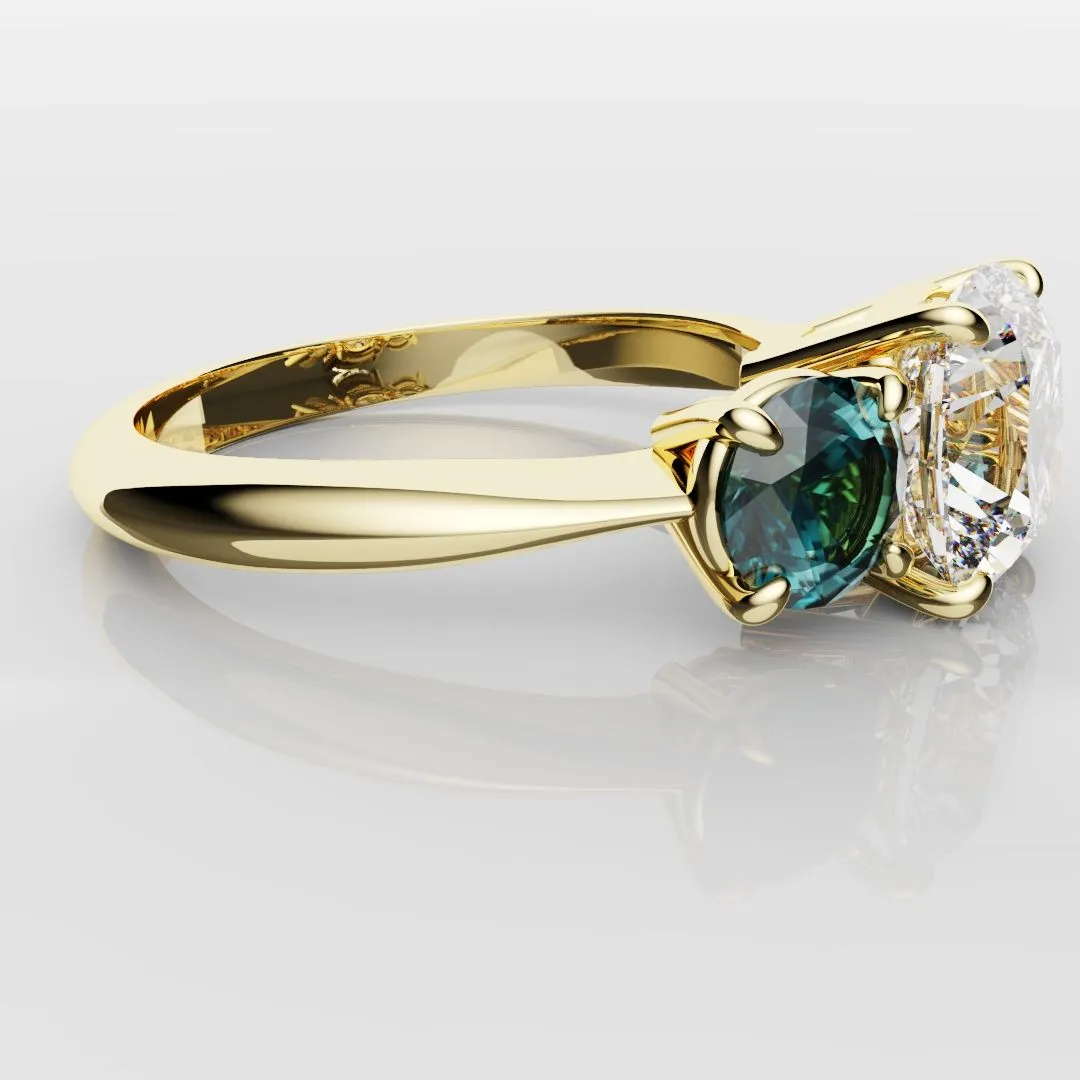 Cushion Cut Diamond Trilogy with Teal Sapphires