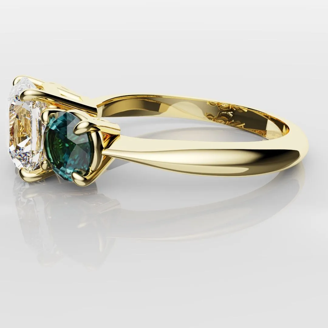 Cushion Cut Diamond Trilogy with Teal Sapphires