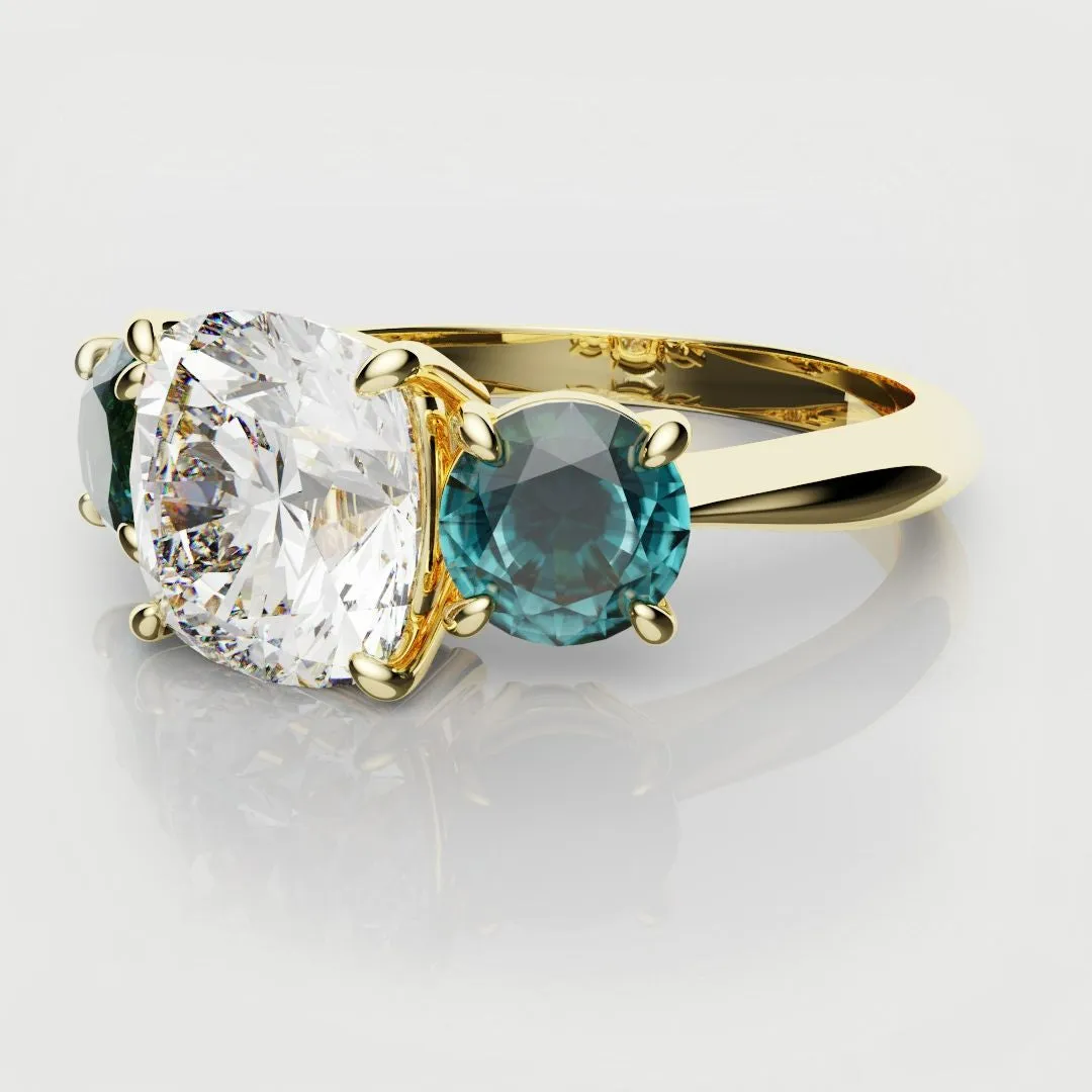 Cushion Cut Diamond Trilogy with Teal Sapphires