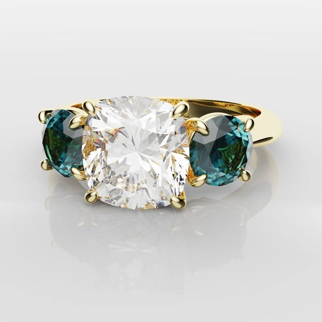 Cushion Cut Diamond Trilogy with Teal Sapphires