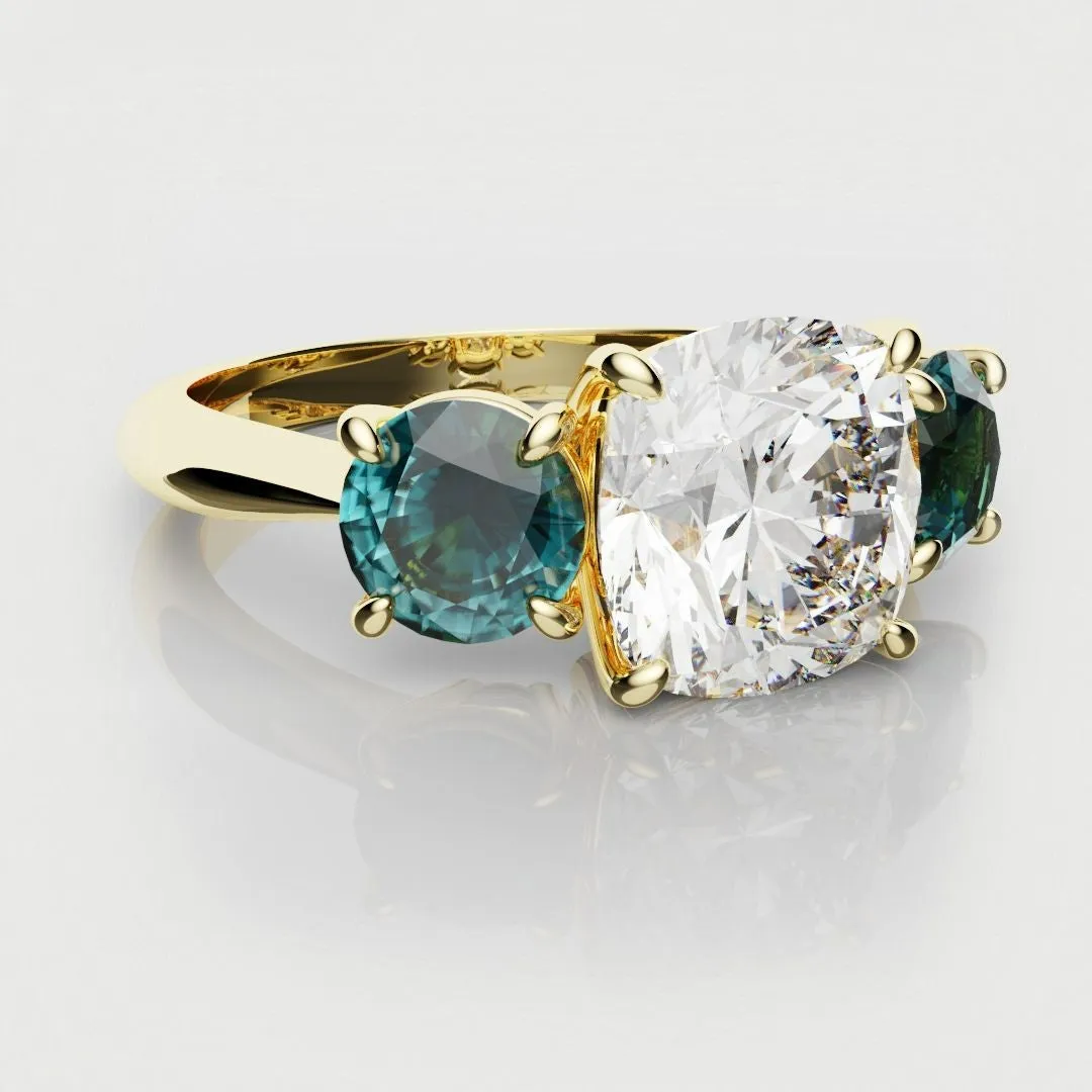 Cushion Cut Diamond Trilogy with Teal Sapphires