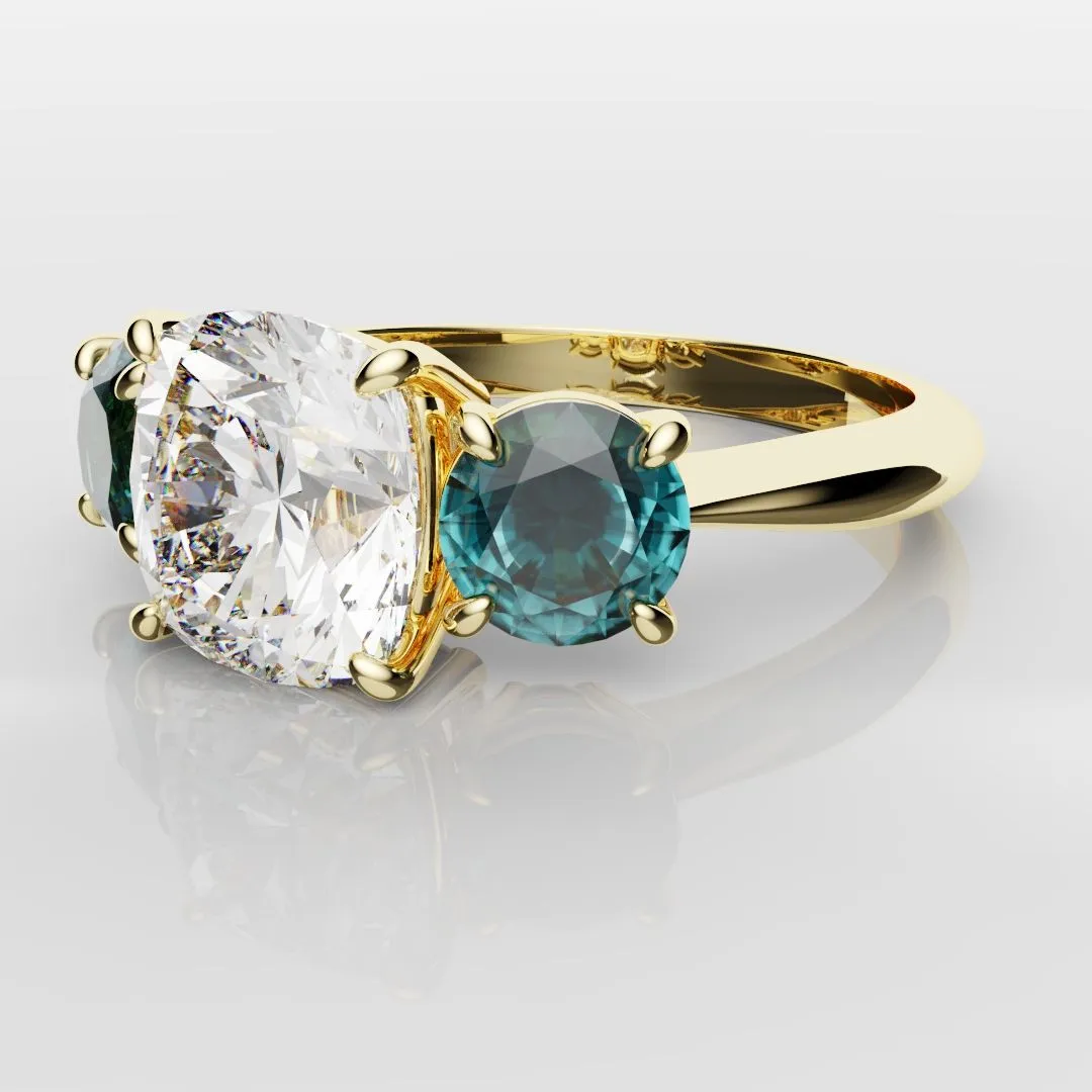 Cushion Cut Diamond Trilogy with Teal Sapphires