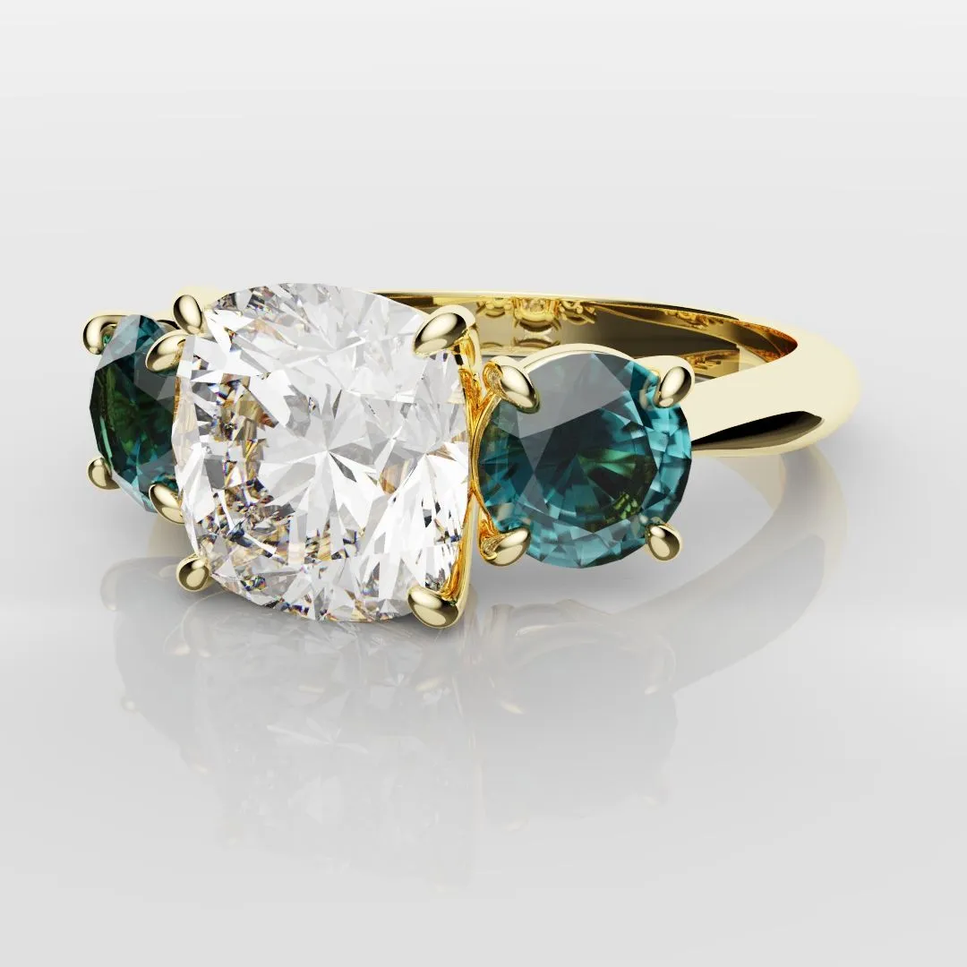 Cushion Cut Diamond Trilogy with Teal Sapphires