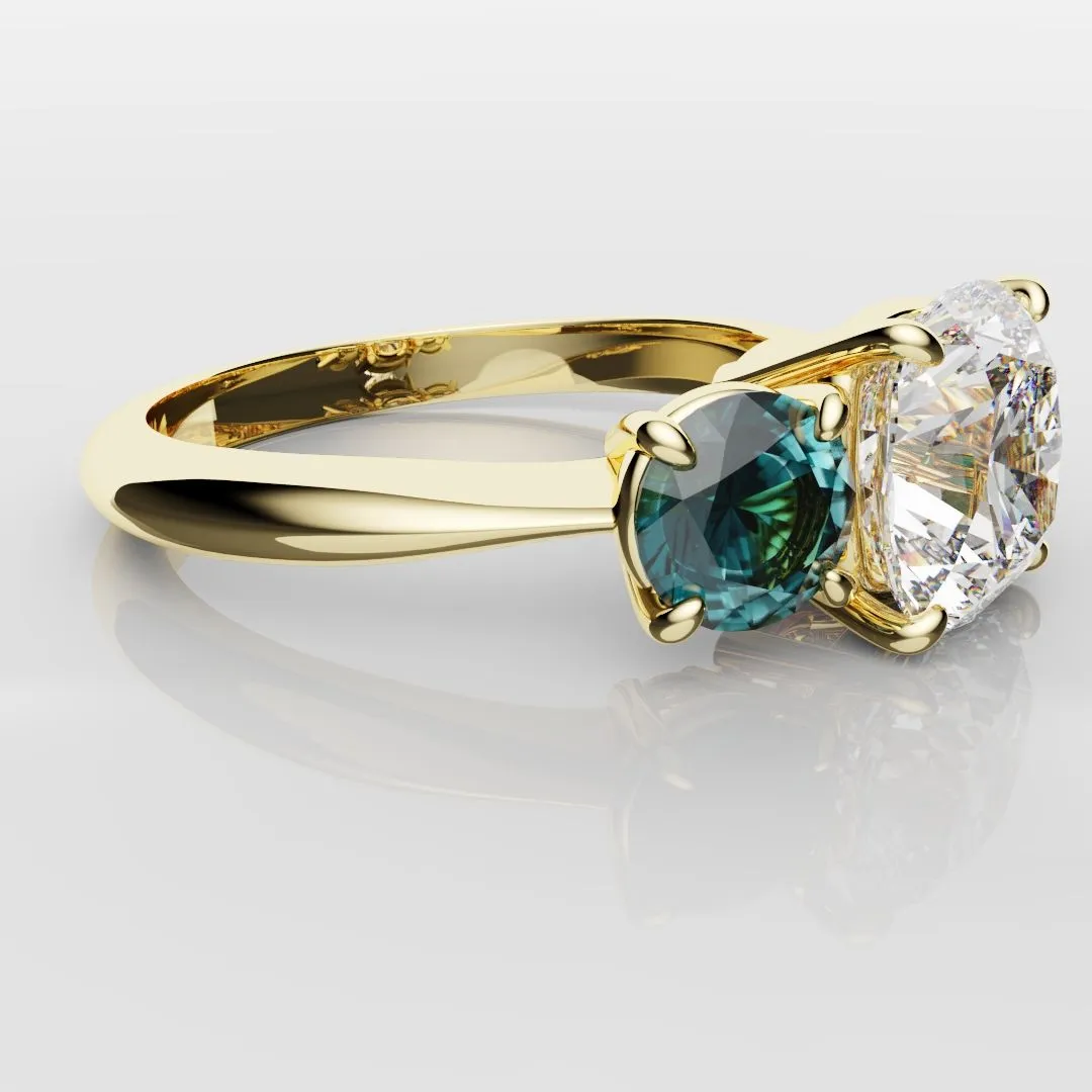 Cushion Cut Diamond Trilogy with Teal Sapphires