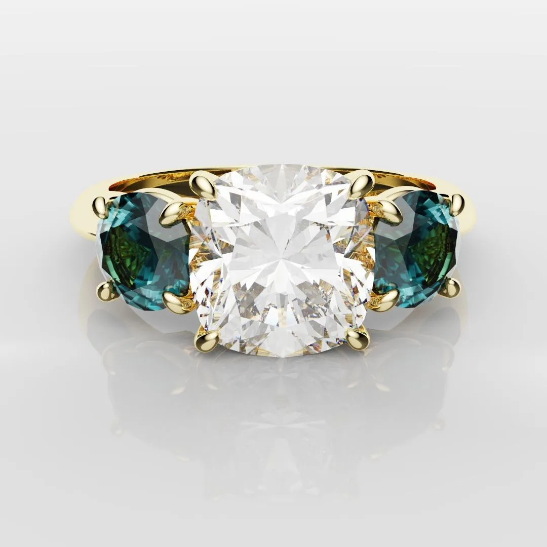 Cushion Cut Diamond Trilogy with Teal Sapphires