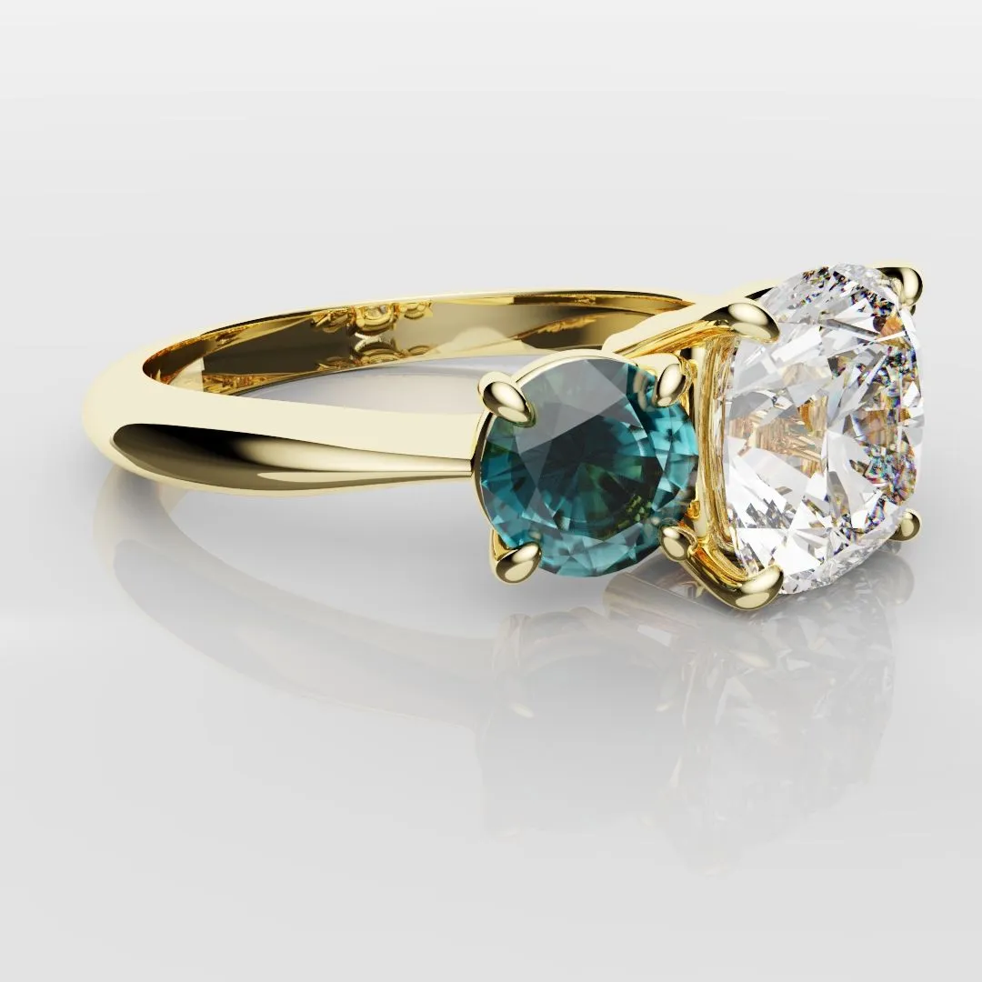 Cushion Cut Diamond Trilogy with Teal Sapphires