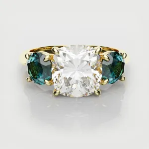 Cushion Cut Diamond Trilogy with Teal Sapphires