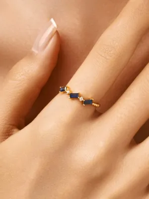 Dainty Sapphire Ring 18K Gold Plated Sterling Silver Baguette Ring