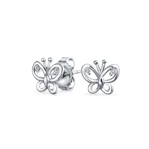 Delicate CZ Stud Earrings with Butterfly Design in Sterling Silver