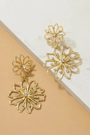 Double flower stamping drop earrings with rhinestones