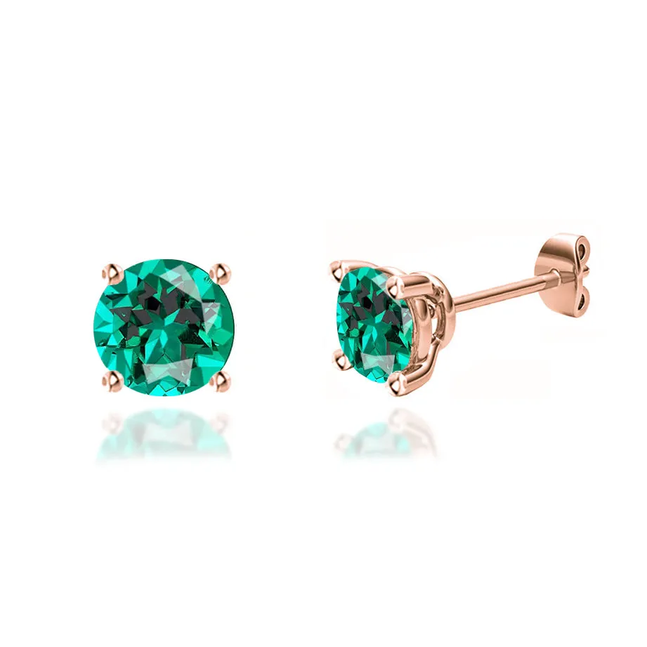 DOVE - Round Emerald 18k Rose Gold Stud Earrings