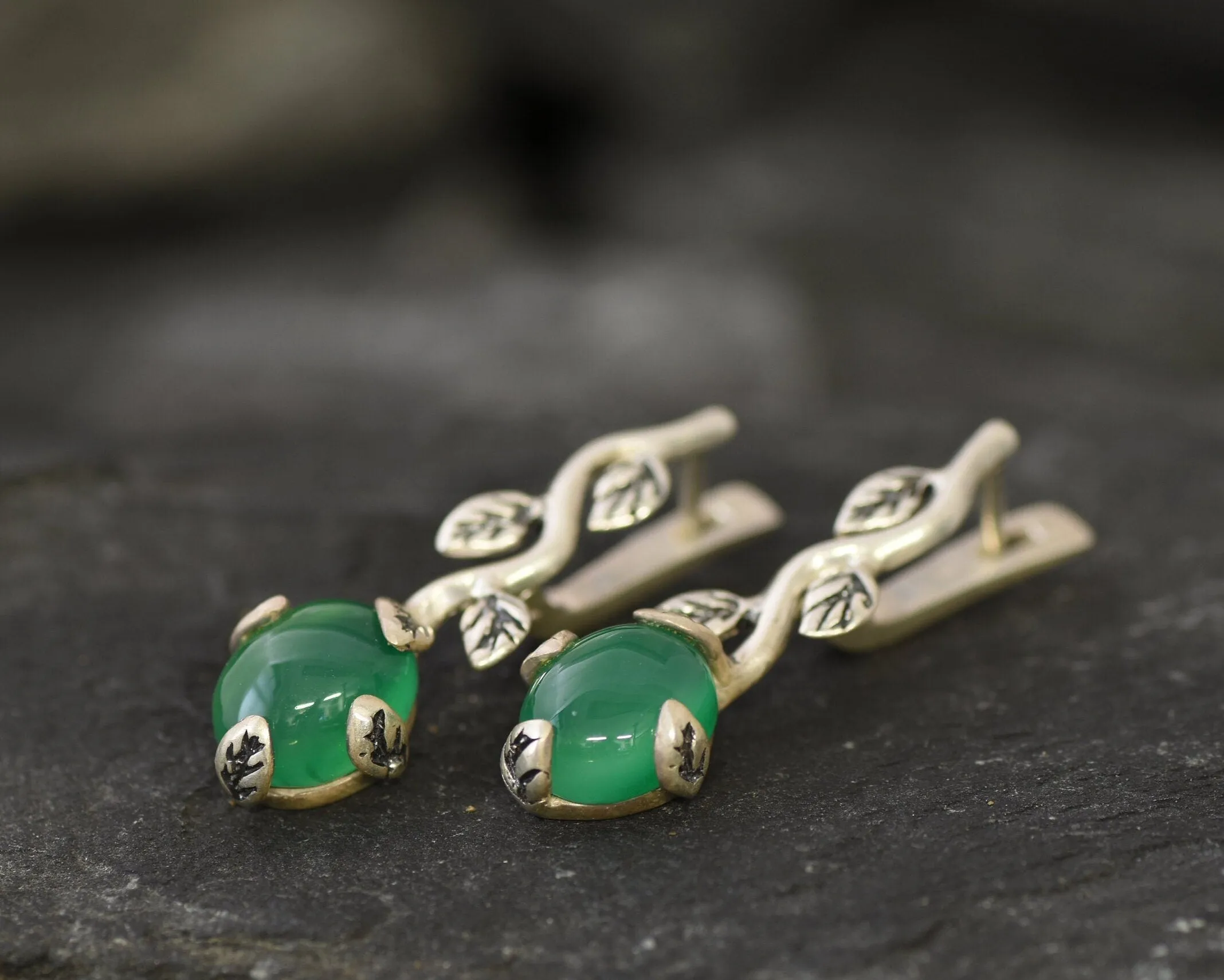 Drop Emerald Earrings - Green Leaf Earrings - Long Vintage Earrings