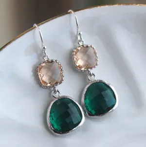 Emerald Green Champagne Blush Earrings Peach Pink Jewelry - Sterling Silver Earwires - Bridesmaid Earrings - Bridal Earrings