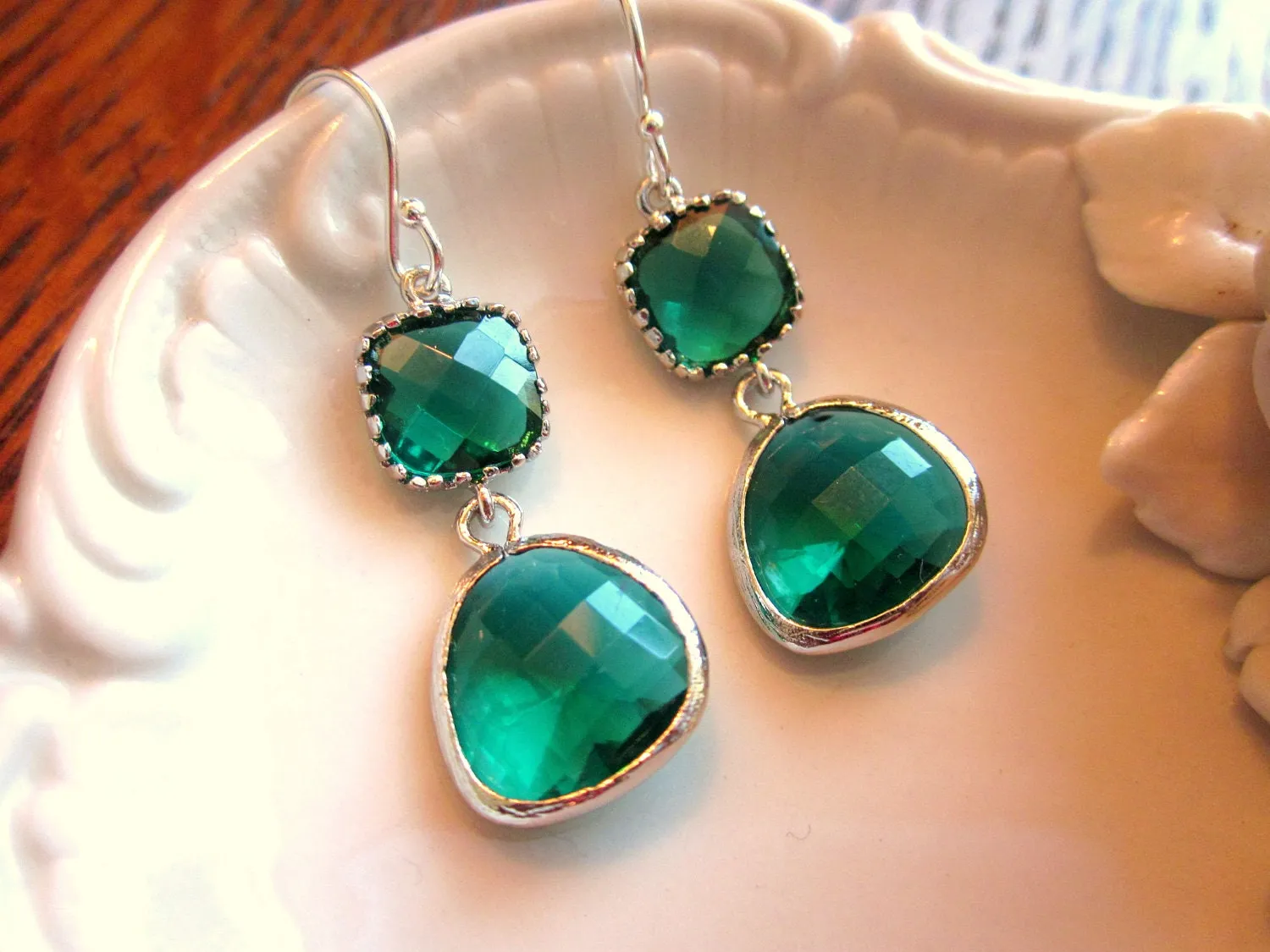 Emerald Green Earrings Silver Two Tier - Sterling Silver Earwires - Bridesmaid Earrings - Wedding Earrings - Bridal Earrings