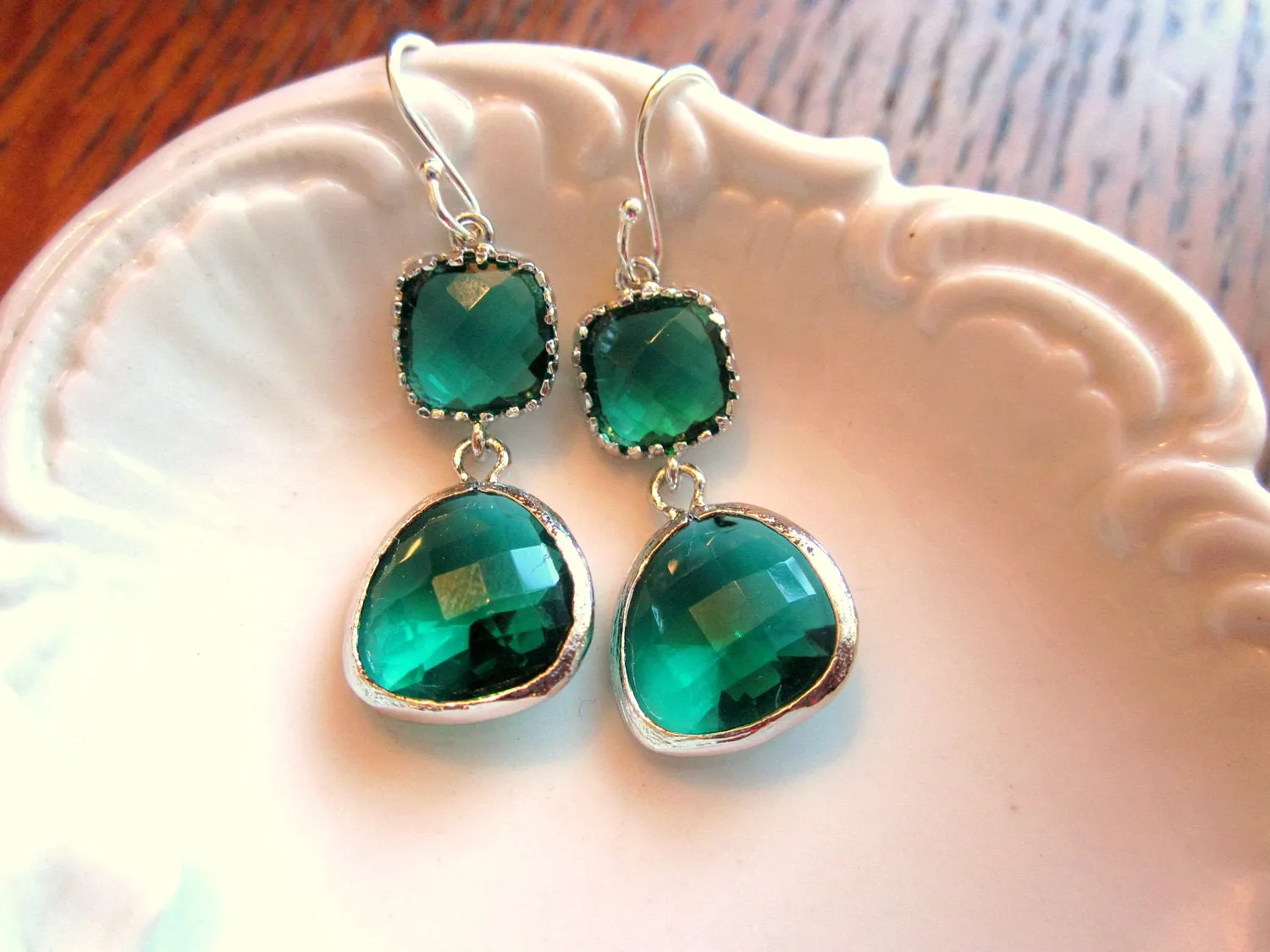 Emerald Green Earrings Silver Two Tier - Sterling Silver Earwires - Bridesmaid Earrings - Wedding Earrings - Bridal Earrings