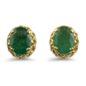 Estate 14k Yellow Gold Oval Emerald Stud Earrings