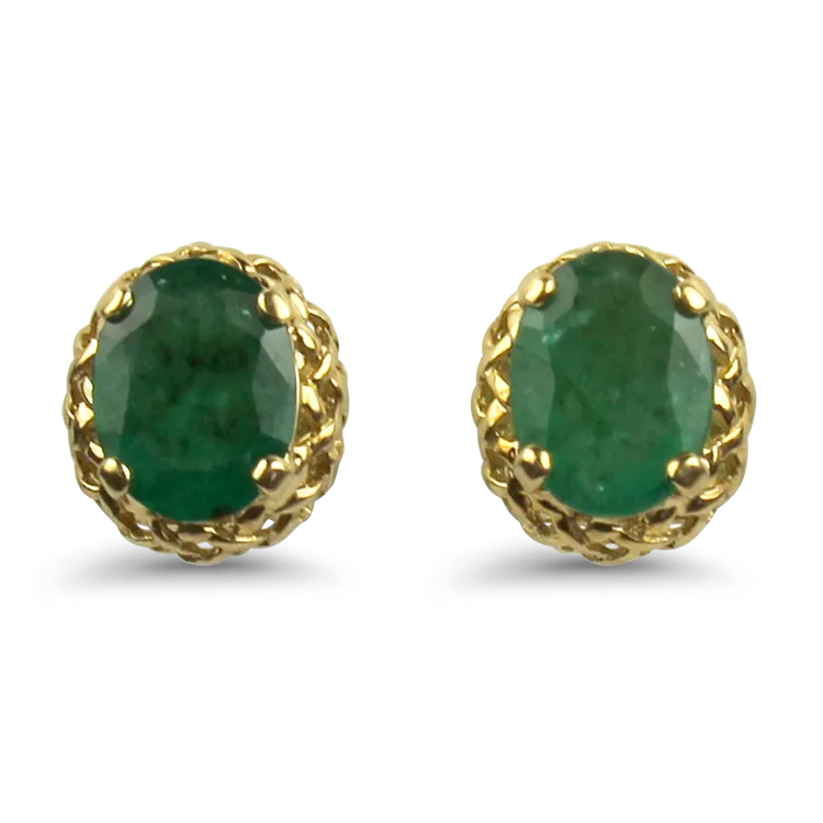 Estate 14k Yellow Gold Oval Emerald Stud Earrings