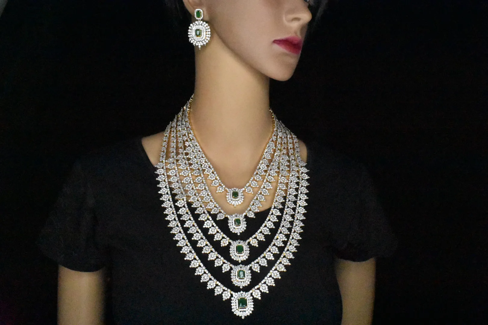 Exquisite Layered Bridal Haram with American Diamonds and Emeralds by ASP Fashion Jewellery