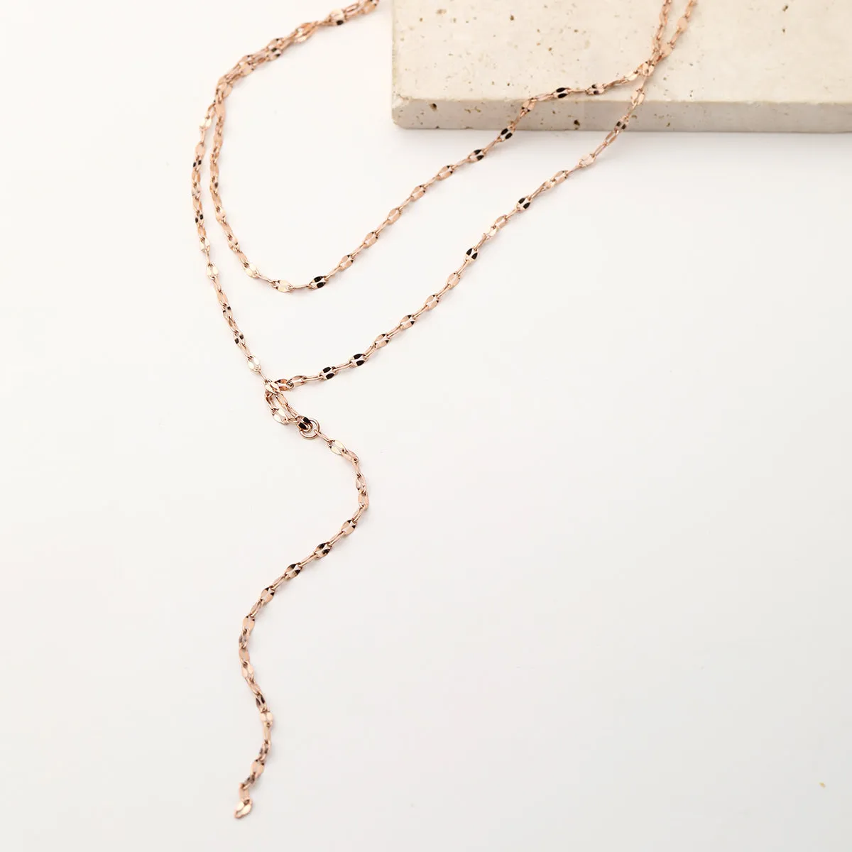 Flattened Chain Link Y Necklace Rose Gold