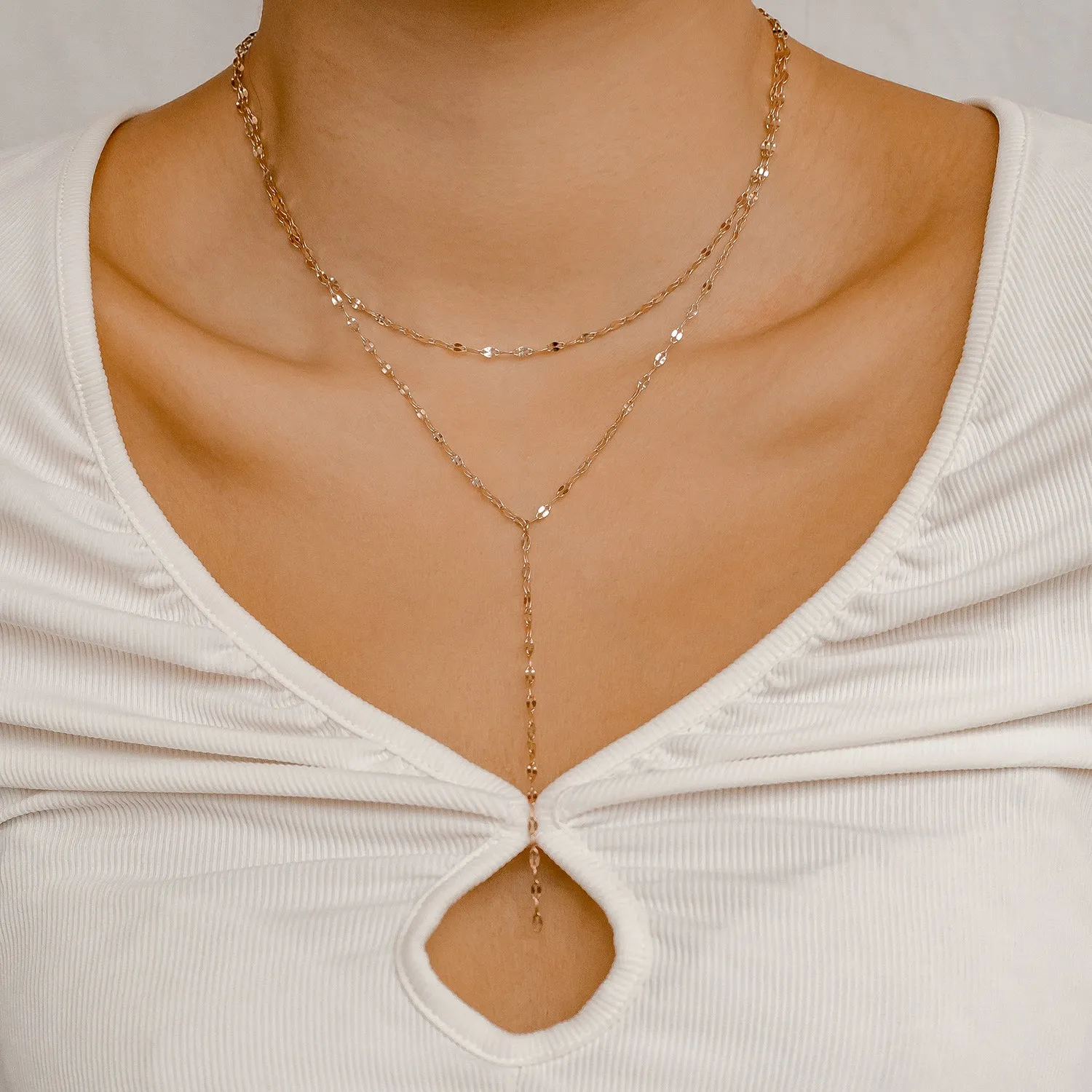 Flattened Chain Link Y Necklace Rose Gold