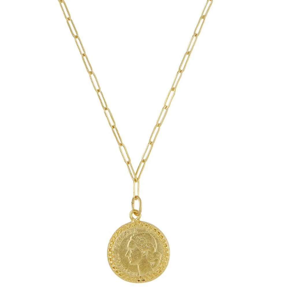 Franc Coin Pendant Necklace on Paperclip Chain