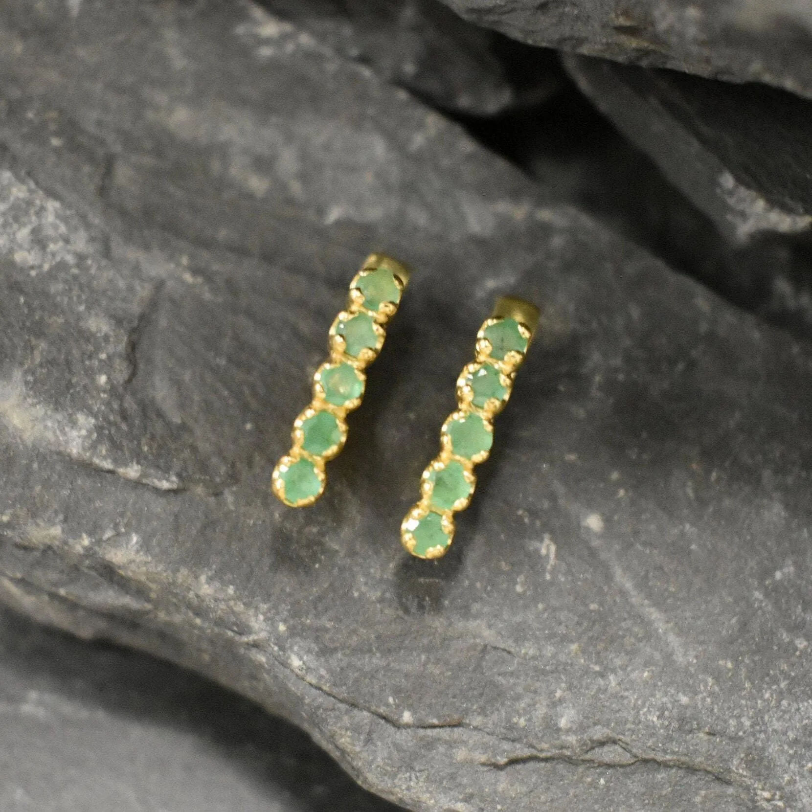 Gold Emerald Earrings - Genuine Emerald Earrings, Vertical  Bar Earrings