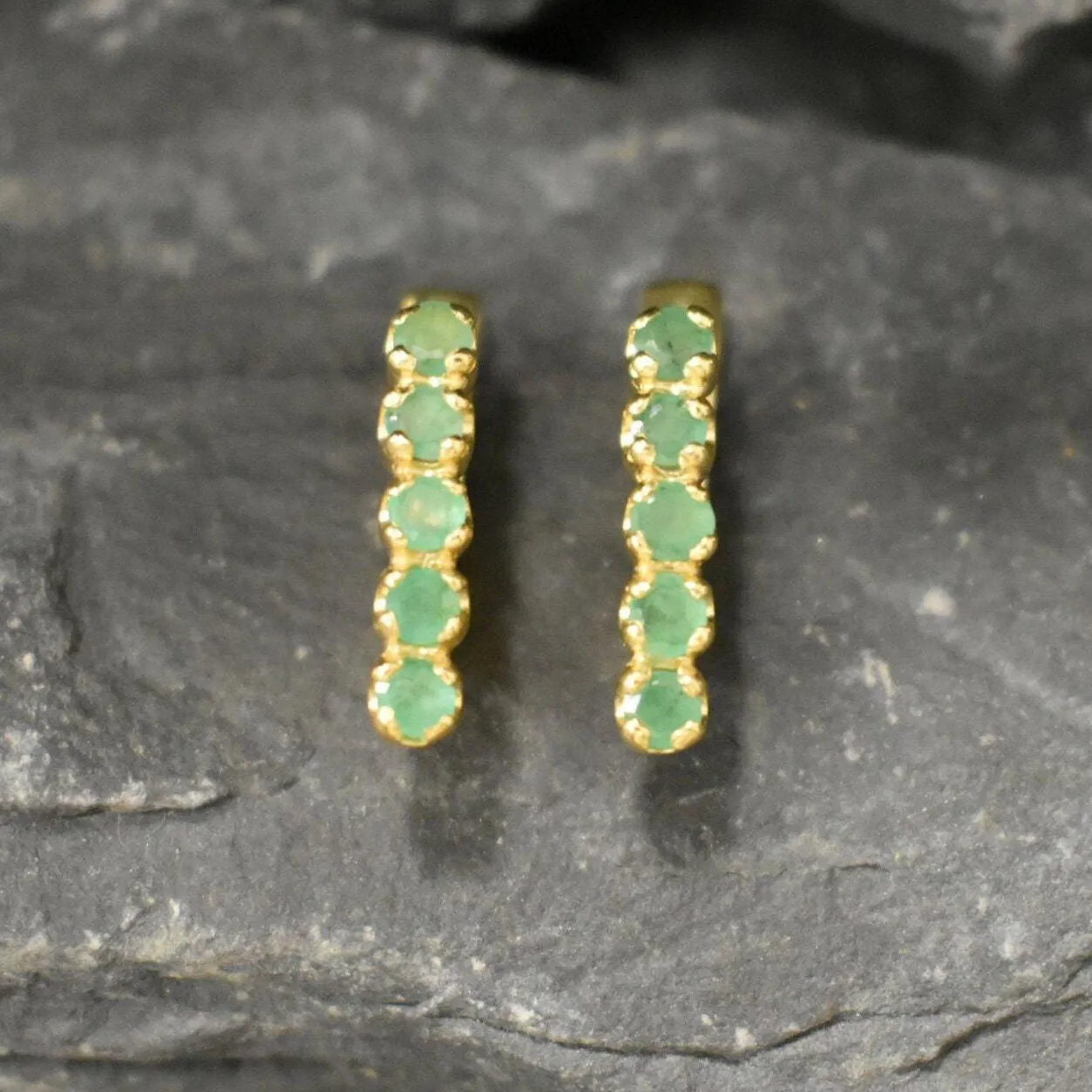 Gold Emerald Earrings - Genuine Emerald Earrings, Vertical  Bar Earrings