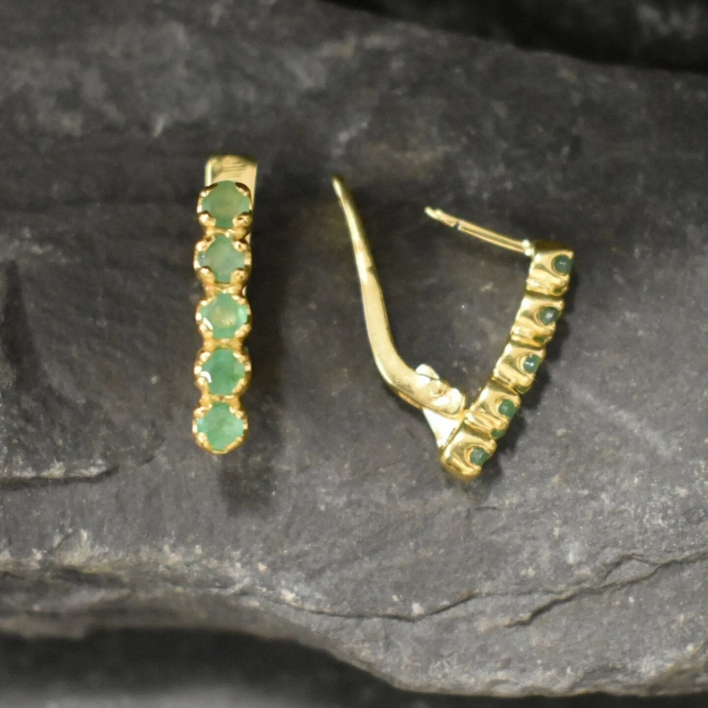 Gold Emerald Earrings - Genuine Emerald Earrings, Vertical  Bar Earrings