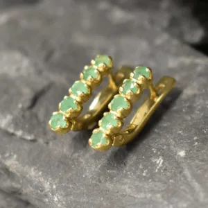 Gold Emerald Earrings - Genuine Emerald Earrings, Vertical  Bar Earrings