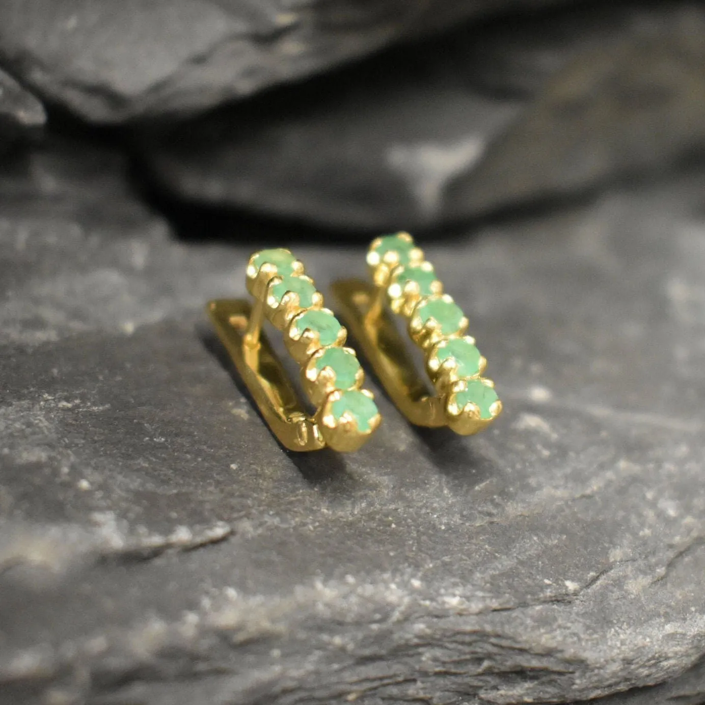 Gold Emerald Earrings - Genuine Emerald Earrings, Vertical  Bar Earrings